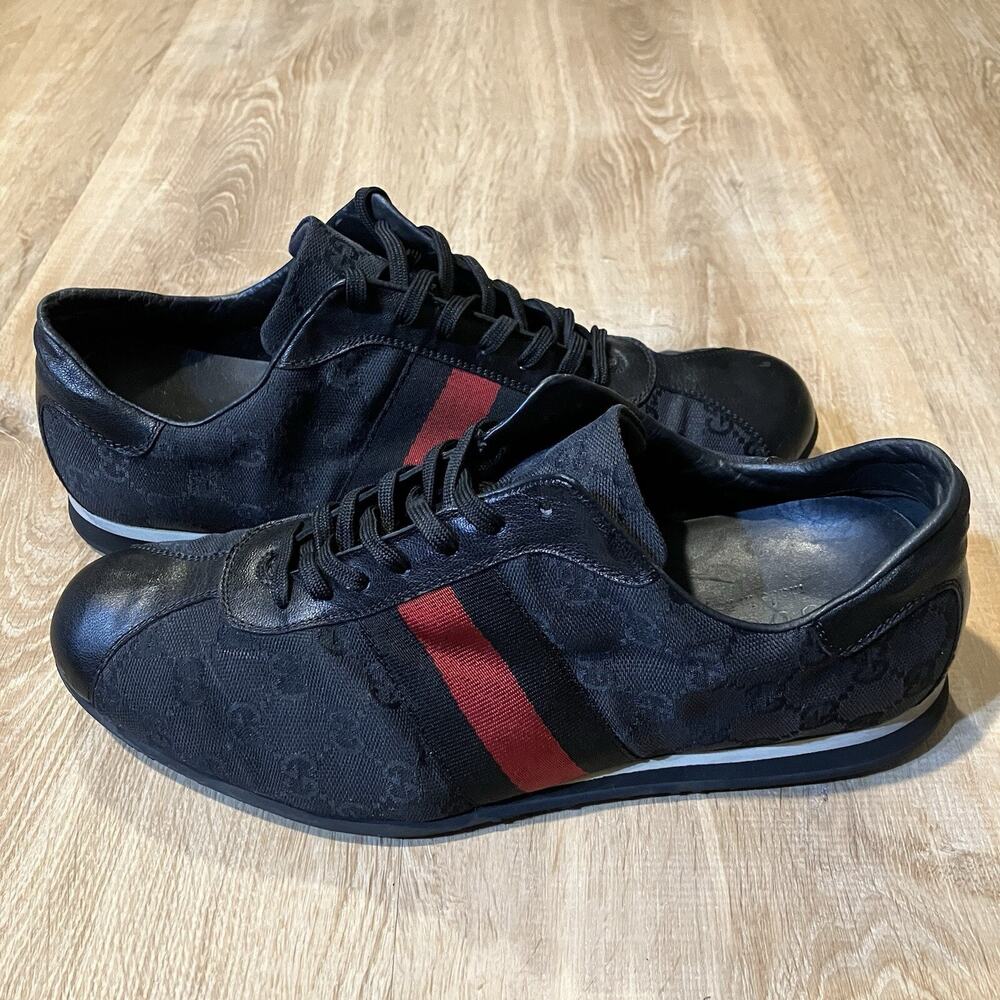 Gucci GG Signature Low Top Black Stripe Canvas CLEAN Shoes 117711 Mens Size 10